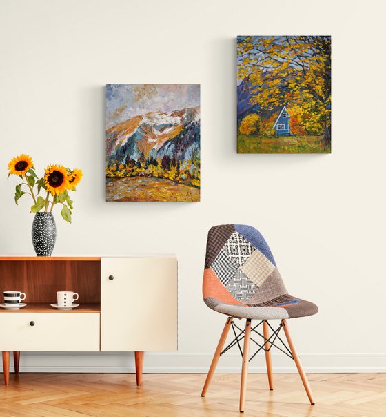 Golden Fall - SET OF 2 PAINTINGS - 1) At the foot of the mountain 2) Cottage in the Mountains