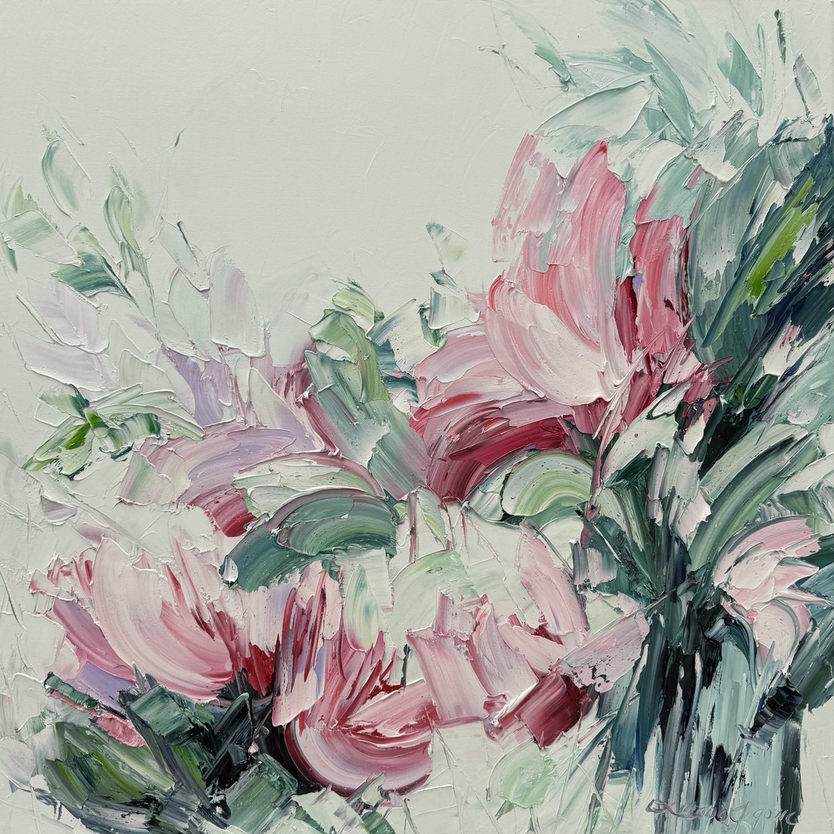 Impressionistic Botanical Oil Painting By Liliana Gigovic, 36 X 36", Pink Magnolia No 9, Original Artwork