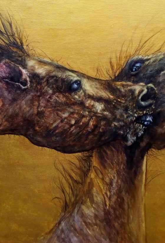 Painting from the series called HUMALS - horsefighting - varnished