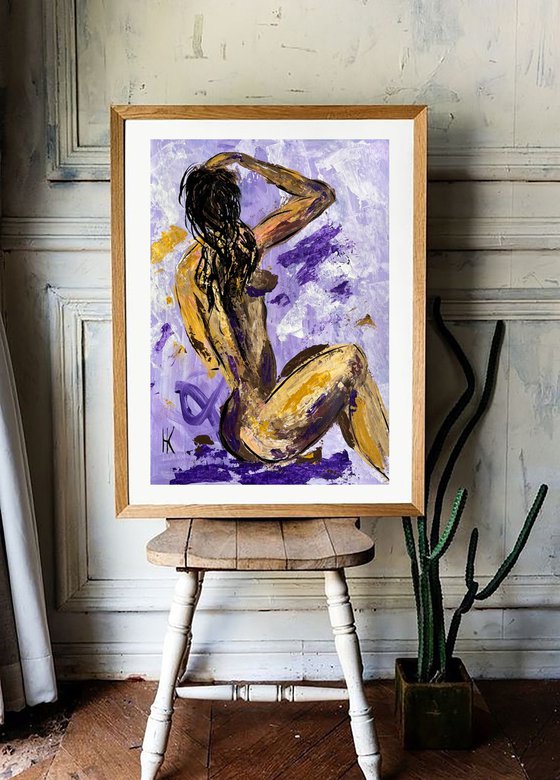 Female Nude Painting Faceless Original Art Woman Nude Acrylic Artwork Erotic Home Wall Art 12 by 17" by Halyna Kirichenko