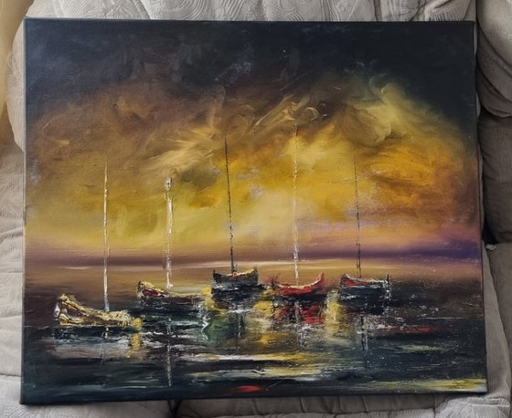 Waiting in the Harbour 24"x20"×0.5" Seascape Oil Painting