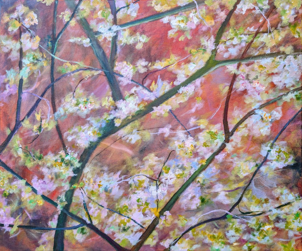 Expressive Botanical Acrylic Painting By Richard Freer, 24 X 20", Blossom On Burnt Sienna, Original Artwork