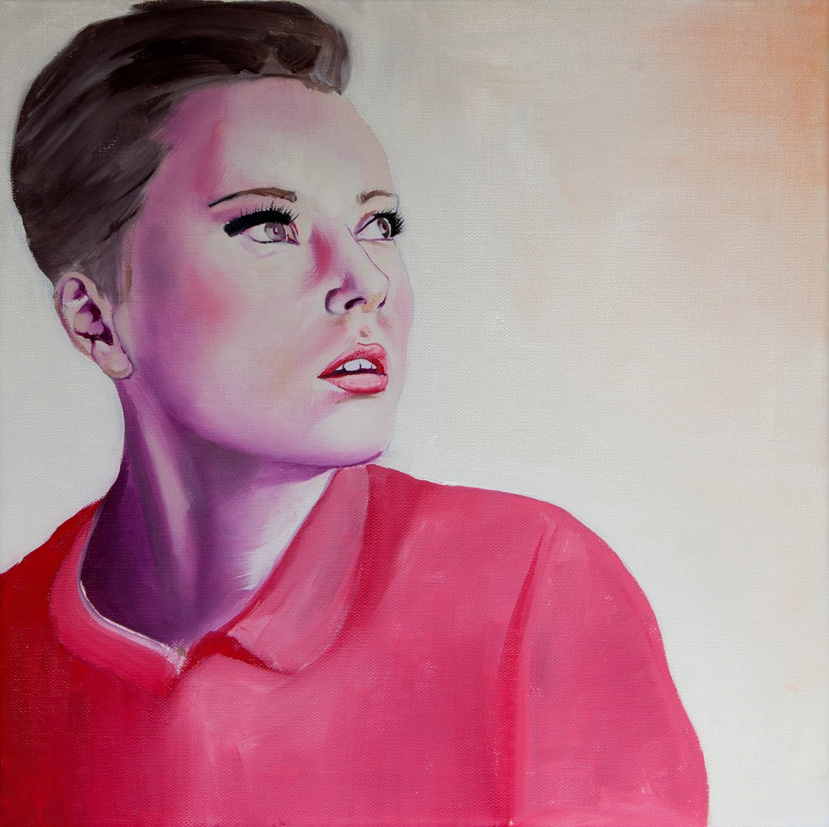 Urban And Pop Portrait Oil Painting By Kujbus Janos, 16 X 16", Amazed, Original Artwork