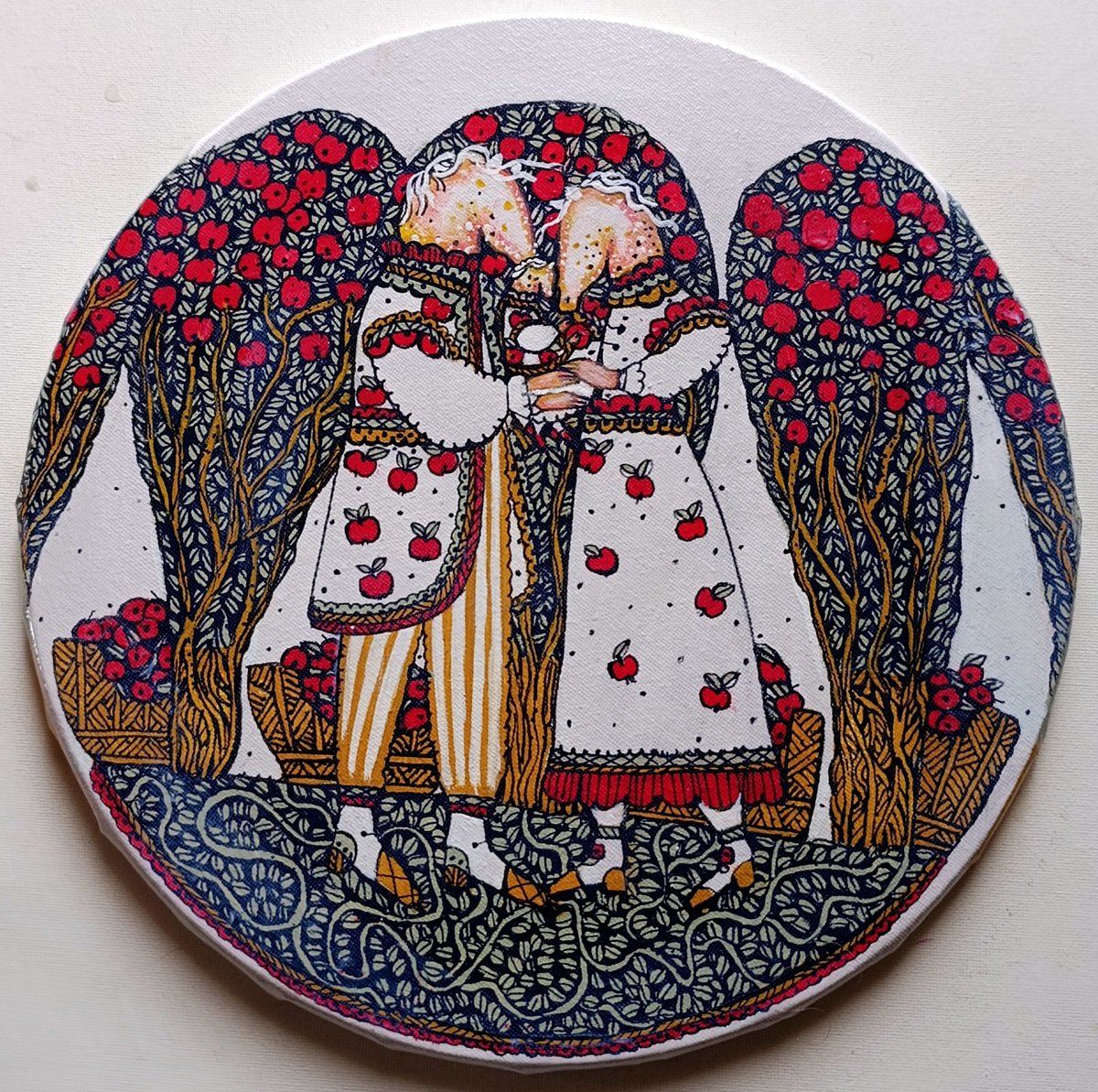 Naive Acrylic Painting , Three Times Happy By Tetiana Osadchuk, 12 X 12, Artwork For Sale On Artfinder