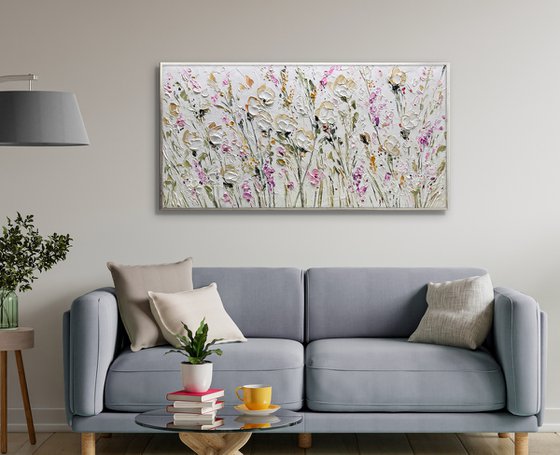 White Roses - 3D Textured Flower Painting Abstract Beige White Pink Purple Flower Painting Decor Living Room Decor Texture Acrylic Painting