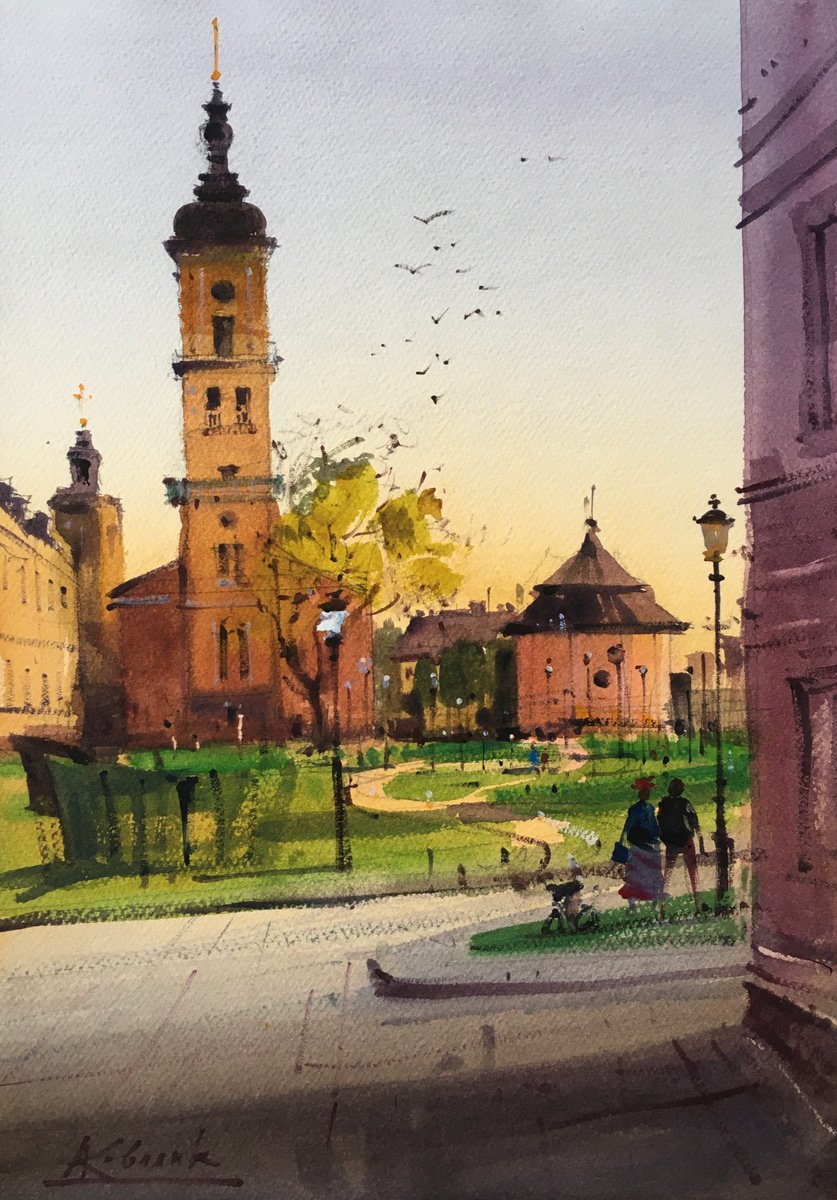 Impressionistic Cityscapes Watercolour By Andrii Kovalyk, 11 X 15, Polish Square, Original Artwork