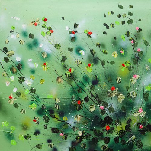 "Akai Hanabira" modern textured green floral painting by Anastassia Skopp