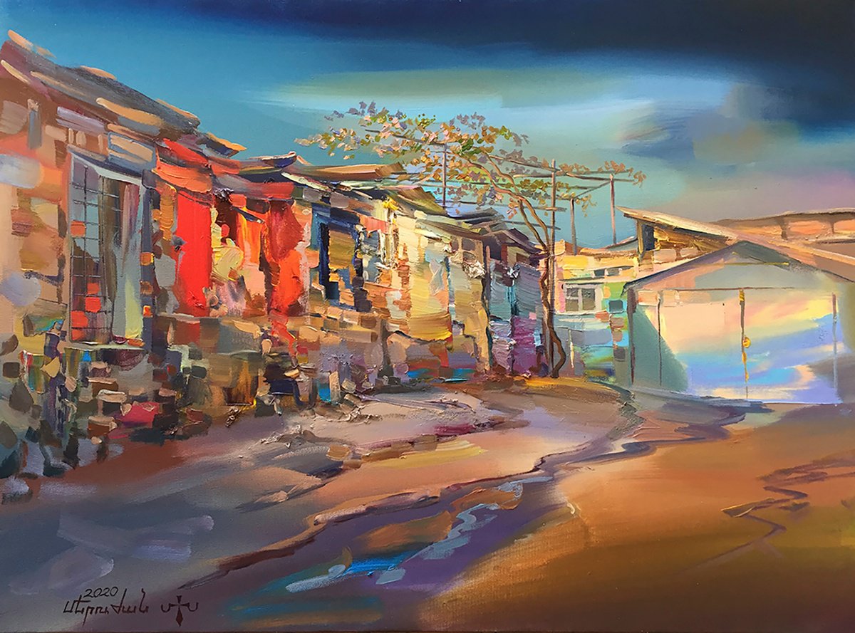 Expressive Cityscapes Oil Painting By Meruzhan Khachatryan, 31 X 24", Expression Of Kond, Original Artwork