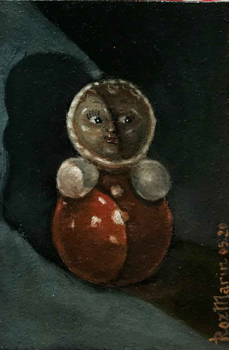 Naive Animal Oil Painting By Marina Deryagina, 4 X 6", The Tumbler 2, Original Artwork