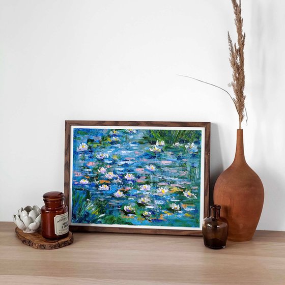 Water Lily Painting Original Art Monet Pond Landscape Artwork Impasto Floral Wall Art