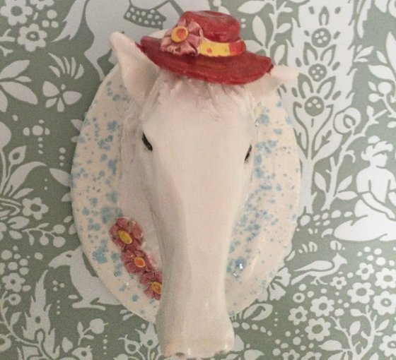 White horse with hat, Miss Daisy