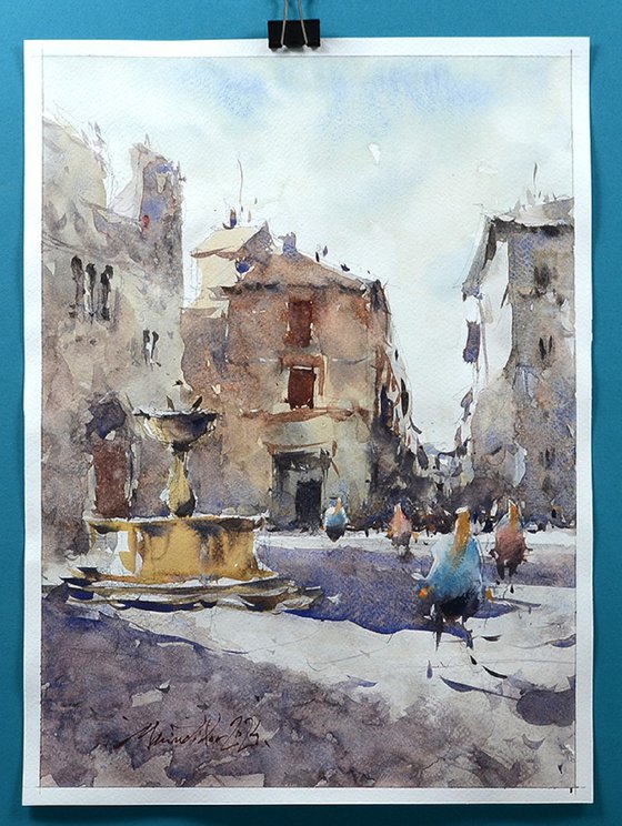 Italian Village, Watercolor.