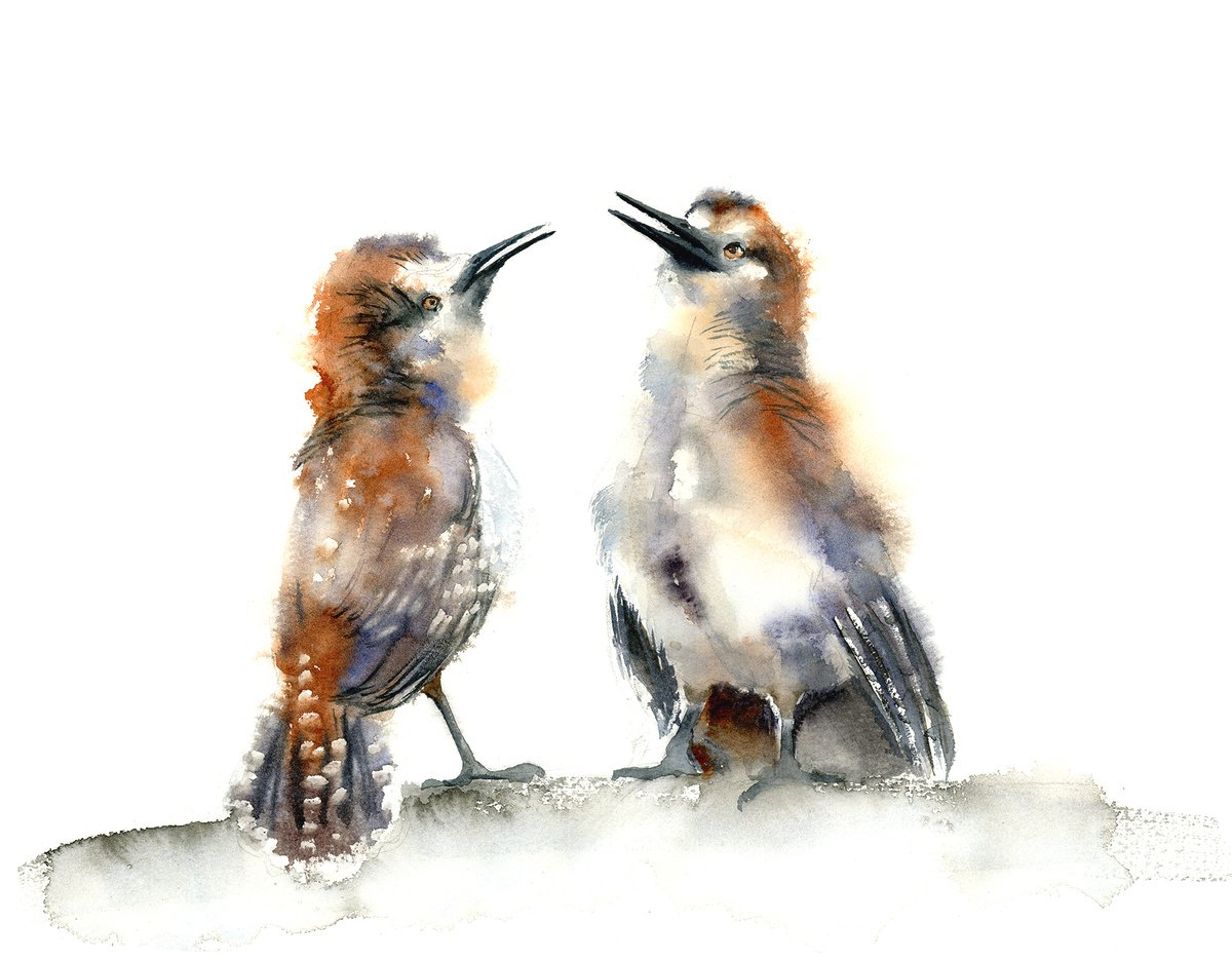 Impressionistic Watercolour , Whimsical Birds By Olga Tchefranov (Shefranov), 15 X 12, Artwork For Sale On Artfinder