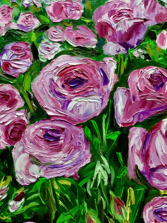 PINK PURPLE ROSES  palette knife modern still life  flowers office home decor gift