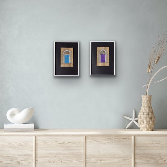 Violet and azure doors - Set of 2 architecture mixed media drawings in frames