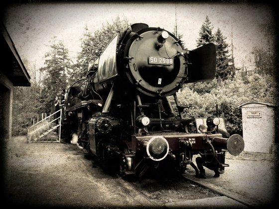 Old steam trains in the depot - print on canvas 60x80x4cm - 08477m1