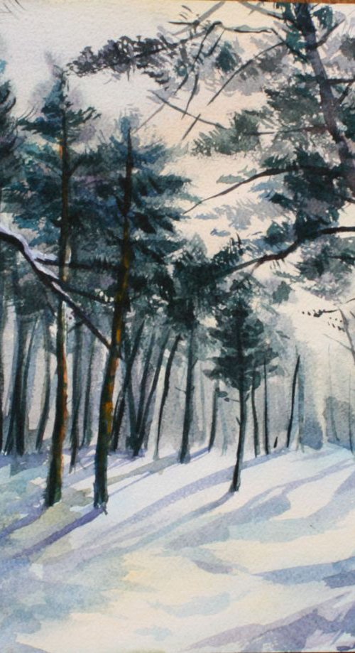 Watercolor painting landscape Winter forest, pines trees, snow, original artwork by Alina Shmygol