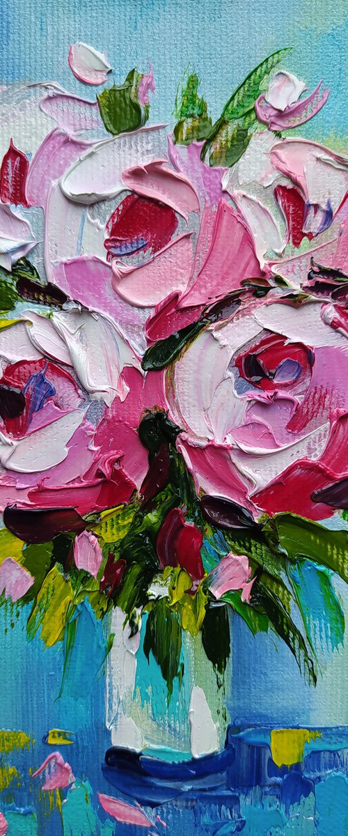 Roses -  small bouquet, rose, small painting, bouquet, flowers oil painting, oil painting, flowers,  postcard, gift idea, gift by Anastasia Kozorez
