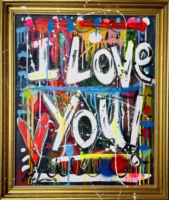 I Love U 3, with vintage frame, ready to hang