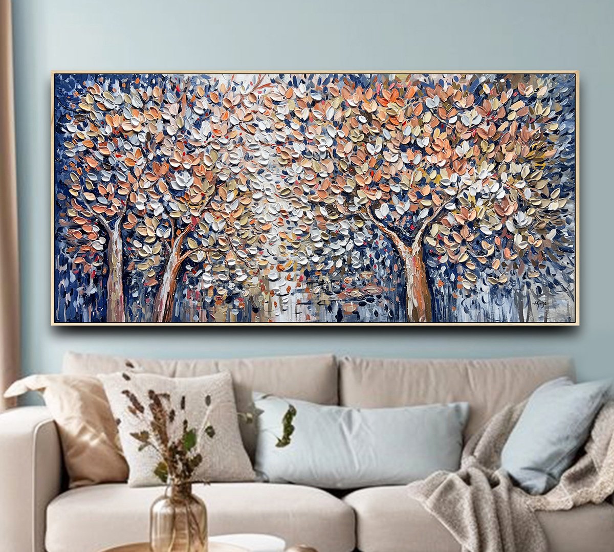 Impressionistic Landscape Acrylic Painting By Lana Guise, 60 X 29", Blossoming Magnolia, Original Artwork