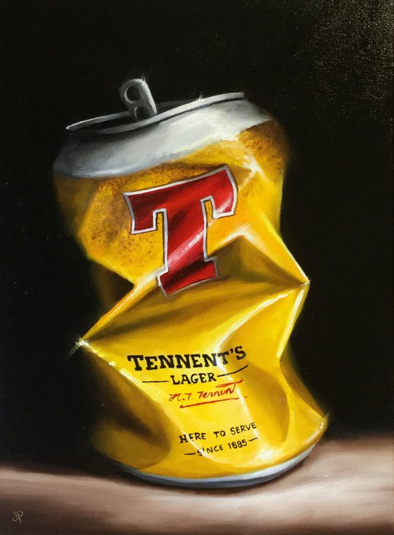 Crushed Tennents Lager still life