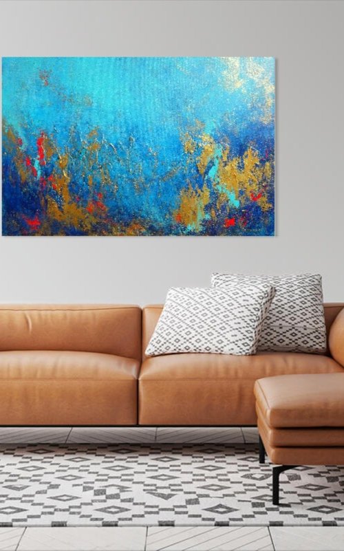 Large Abstract Landscape Original Painting on Canvas. Blue & Gold Abstraction. Modern Textured Art 2021 by Sveta Osborne