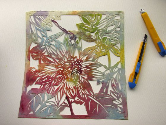 dahlia with dragonfly, watercolor paper cut