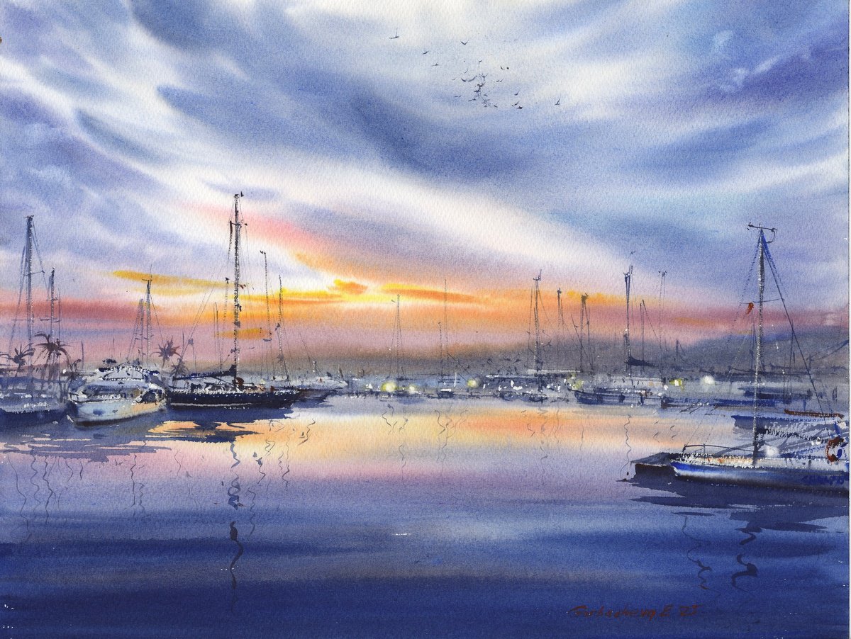 Impressionistic Landscape Watercolour By Eugenia Gorbacheva, 16 X 12, Evening Harbor In Valencia, Original Artwork