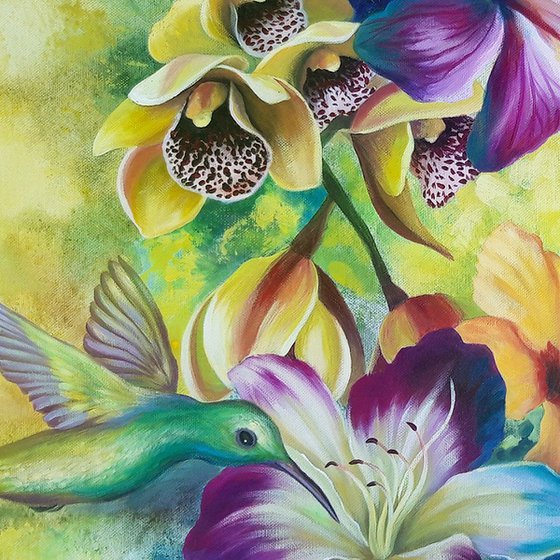 "Tropical splash", birds painting, floral flowers art