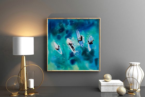 Surf Watercolour Painting, Surfing Sea Ocean Art Original, Boho Summer Wall Art, Gift for Surfer