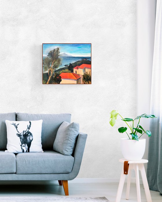 ITALY. THE SEA AND THE RED ROOFS - impressive landscape oil painting with green trees and Italian houses housewarming gift idea home decor