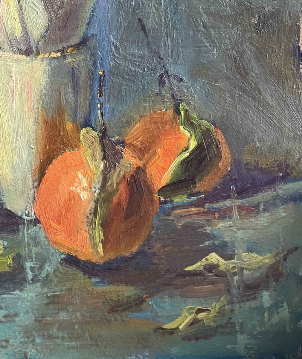 Impressionistic Still Life Oil Painting By Nithya Swaminathan, 9 X 12", Stacked Cups With Oranges, Original Artwork