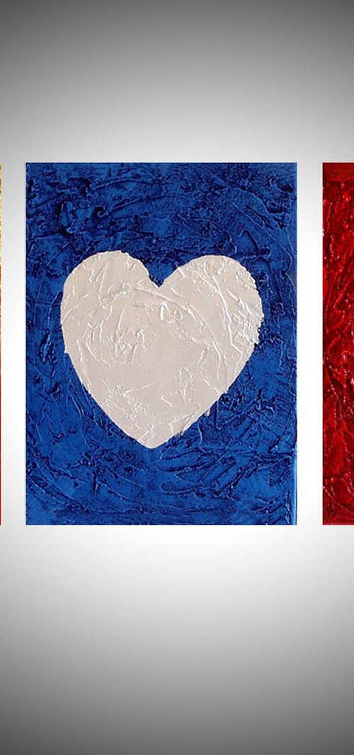 painting abstract wall art triptych panel of 3 " Three of Hearts " impasto multi coloured silver gold heart romantic painting contemporary modern art abstraction expression acrylic 3 sizes available 48 x 20" by Stuart Wright