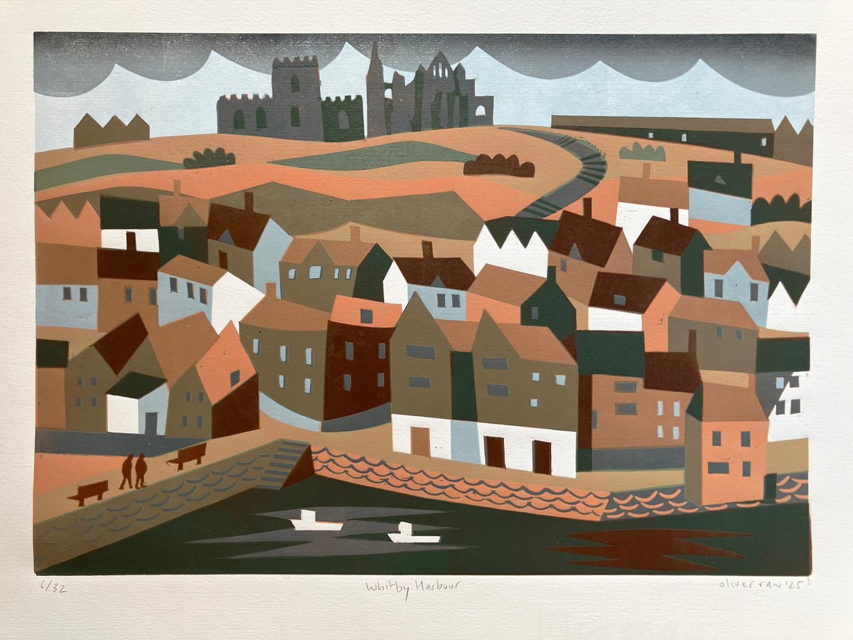 Cityscapes Linocut By Oliver Raw, 17 X 13", Whitby Harbour Yorkshire, Original Artwork