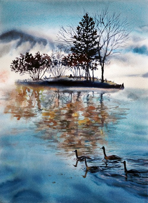 Lake, island, trees by Delnara El