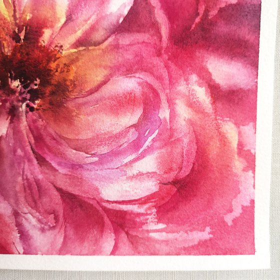 Pink peony bouquet, small watercolor painting