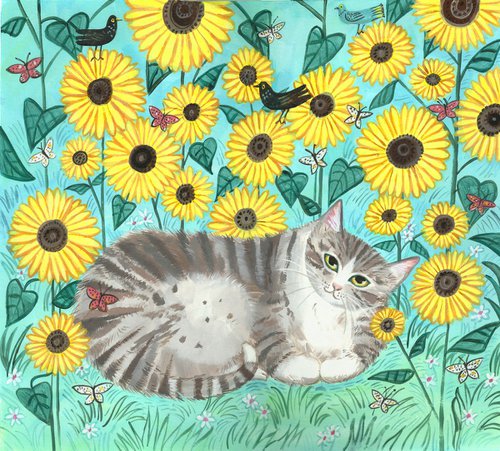 Tabby with Sunflowers by Mary Stubberfield