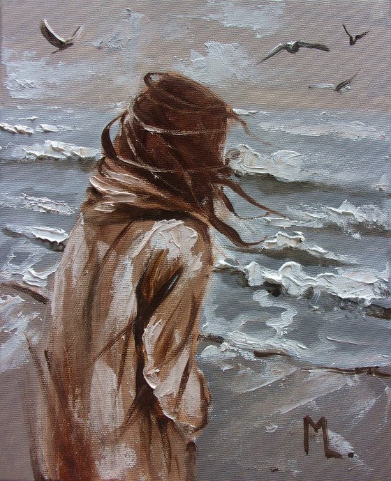 " STORM ... " seaguls SKY SEA SAND liGHt  ORIGINAL OIL PAINTING, GIFT, PALETTE KNIFE