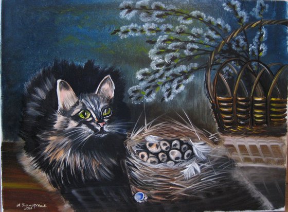 Easter Cat. Original Oil Painting on Canvas. 18"x 24". 46 x 61 cm.