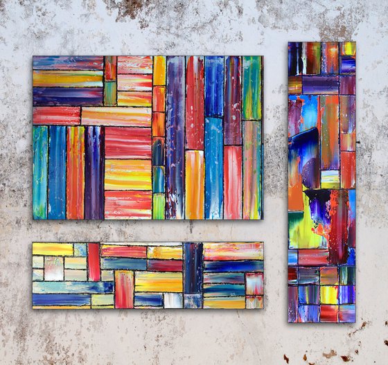 "Built For This" -  Save As A Series - Original PMS Abstract Triptych Oil Paintings On Wood - 34" x 32"