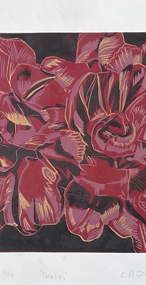 Dahlias Linocut by C Staunton