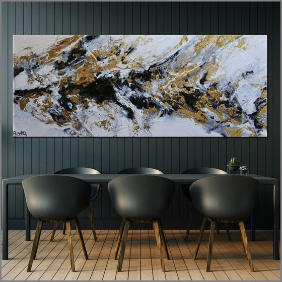 Black and Gold Elegance 200cm x 80cm White Gold Abstract Art