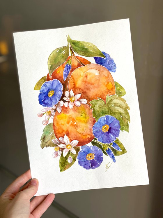 Watercolor oranges and blue flowers illustration, fresh summer and green leaves