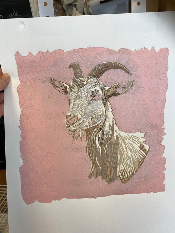 Goat – reduction linocut print