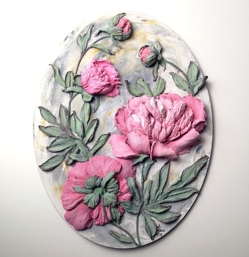 Peonies bouquet - bright 3d landscape on an oval panel, original textured wall relief, decor, bas relief, home decor, gift idea, pink flowers, green, 30x40x4 cm by Irina Stepanova