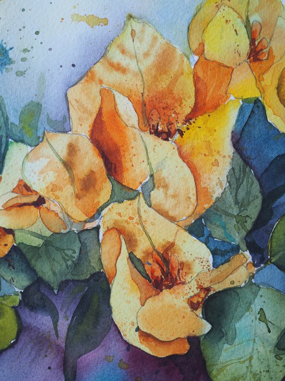 Branch of yellow bougainvillea - original watercolor expressive flowers