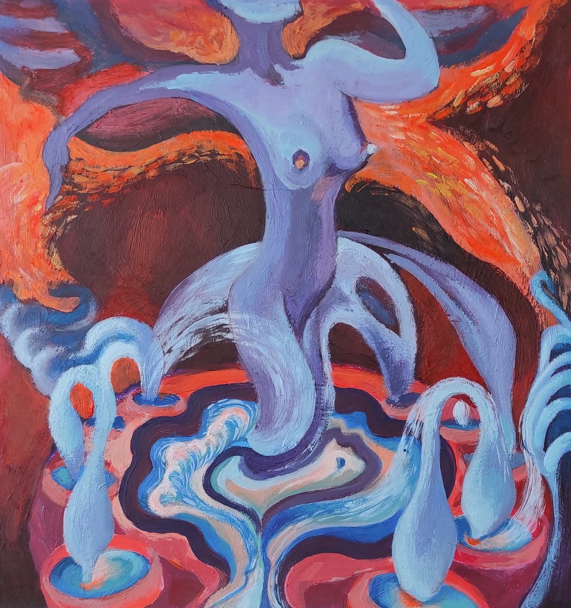 Naive Abstract Acrylic Painting By Tetiana Borys, 9 X 10", Body Plasticity, Original Artwork