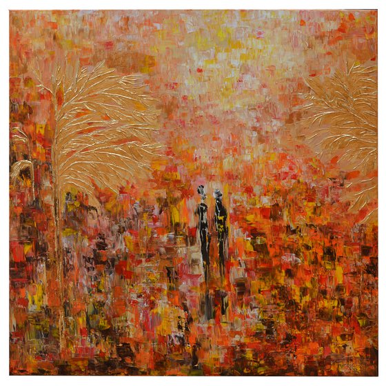 TREE WITH GOLDEN FLOWERS - ABSTRACT THICK IMPASTO SQUARE FORMAT PAINTING