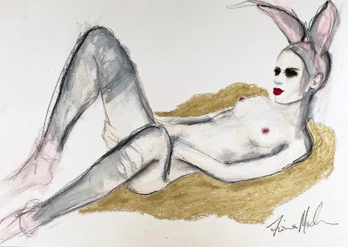 Homage to Egon Schiele - Reclining nude on gold Blanket by Fiona Maclean