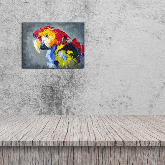 Сolored parrot -  bird, parrot, painting on canvas, gift, parrots art, art bird, animals oil painting,  palette knife